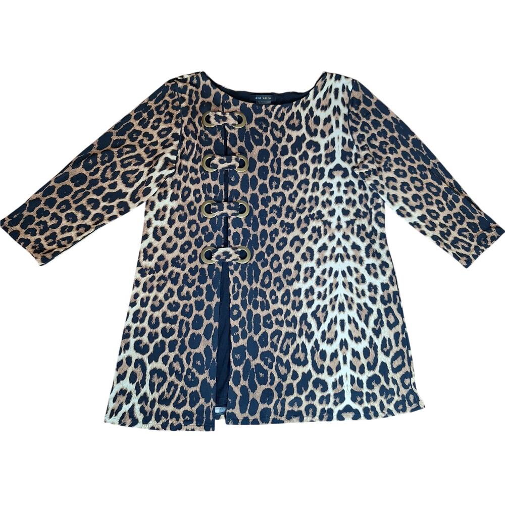 Eva Varro Top Leopard Print Metal Ring Grommet Front Slit Tunic NWOT - L